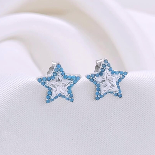 925 Silver Star Earrings With Blue Zircon