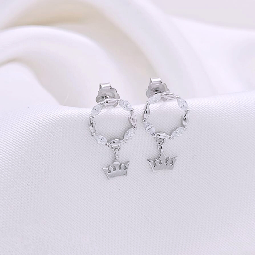 Elegant Silver Crown Charm Earrings